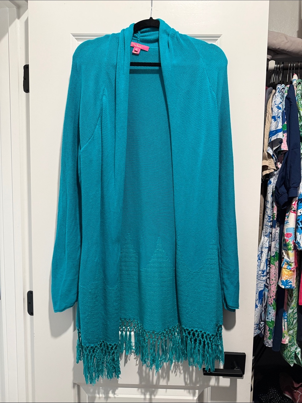 Lilly Pulitzer Tatum Bright Teal Open-Front Fringe Cardigan Sweater